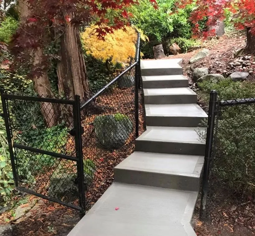 Concrete steps rising through a garden with autumn trees